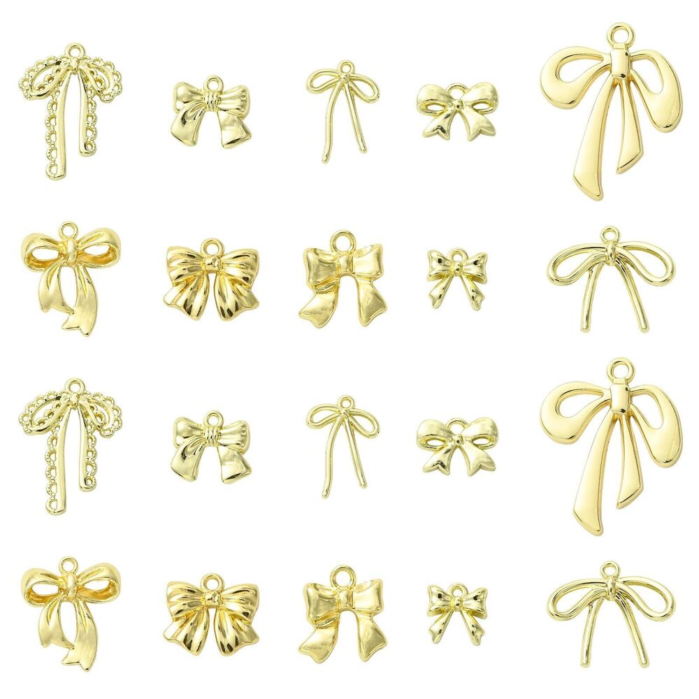 2867 40Pcs 10 Styles Gold Plated Bow Charms Brass Mixed Shapes Ribbon
